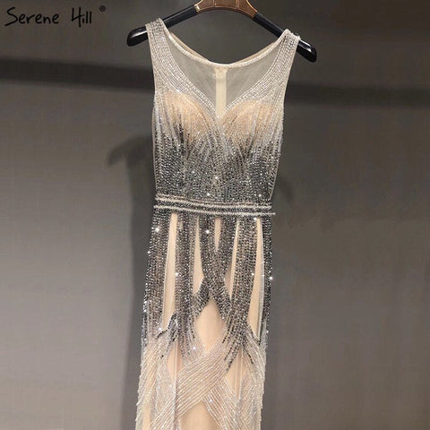 On Sale no return no refundSale Dubai Latest Design Blue Gold Sleeveless Evening Dresses 2025 Beading Sequined Luxury Evening Dress Long Real Photo LA60783