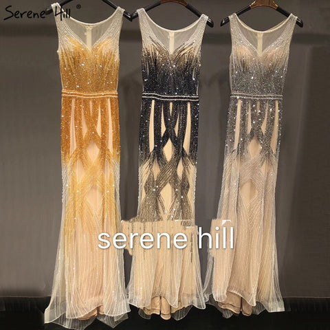 On Sale no return no refundSale Dubai Latest Design Blue Gold Sleeveless Evening Dresses 2025 Beading Sequined Luxury Evening Dress Long Real Photo LA60783