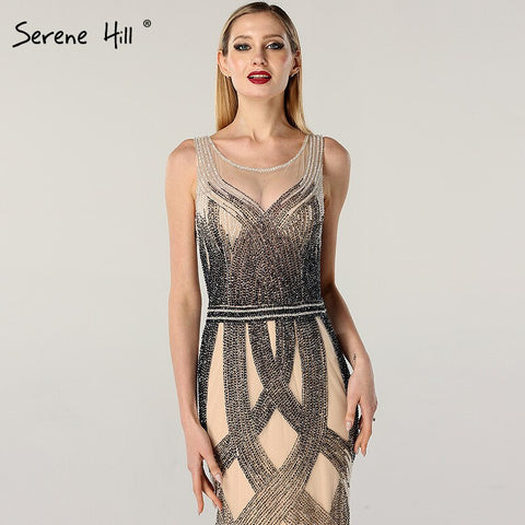 On Sale no return no refundSale Dubai Latest Design Blue Gold Sleeveless Evening Dresses 2025 Beading Sequined Luxury Evening Dress Long Real Photo LA60783