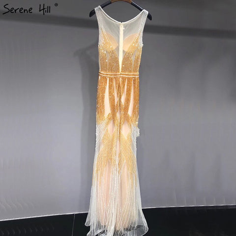 On Sale no return no refundSale Dubai Latest Design Blue Gold Sleeveless Evening Dresses 2025 Beading Sequined Luxury Evening Dress Long Real Photo LA60783