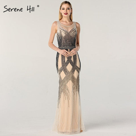 On Sale no return no refundSale Dubai Latest Design Blue Gold Sleeveless Evening Dresses 2025 Beading Sequined Luxury Evening Dress Long Real Photo LA60783