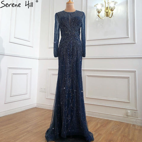 Dubai Long Sleeves Grey Luxury Evening Dresses O-Neck Full Diamond Mermaid Formal Dress 2025 Plus Size LA70116