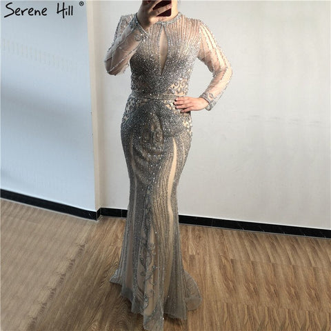 Dubai Long Sleeves Grey Luxury Evening Dresses O-Neck Full Diamond Mermaid Formal Dress 2025 Plus Size LA70116