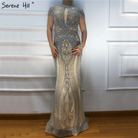 Dubai Long Sleeves Grey Luxury Evening Dresses O-Neck Full Diamond Mermaid Formal Dress 2025 Plus Size LA70116