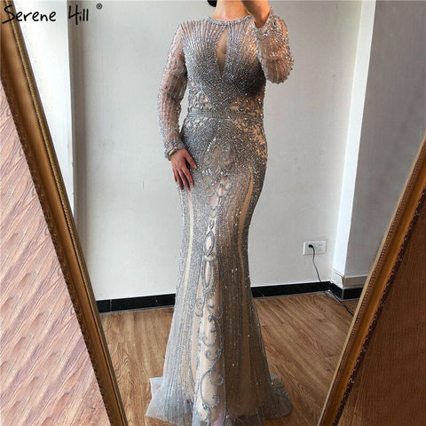 Dubai Long Sleeves Grey Luxury Evening Dresses O-Neck Full Diamond Mermaid Formal Dress 2025 Plus Size LA70116