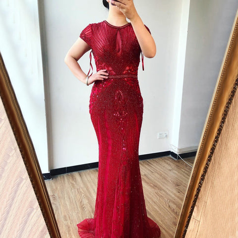 Dubai Long Sleeves Grey Luxury Evening Dresses O-Neck Full Diamond Mermaid Formal Dress 2025 Plus Size LA70116