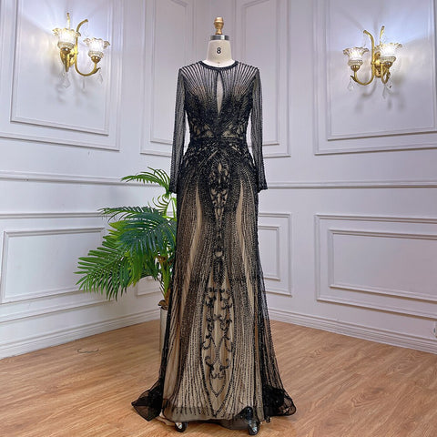 Dubai Long Sleeves Grey Luxury Evening Dresses O-Neck Full Diamond Mermaid Formal Dress 2025 Plus Size LA70116