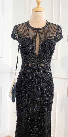 Dubai Long Sleeves Grey Luxury Evening Dresses O-Neck Full Diamond Mermaid Formal Dress 2025 Plus Size LA70116