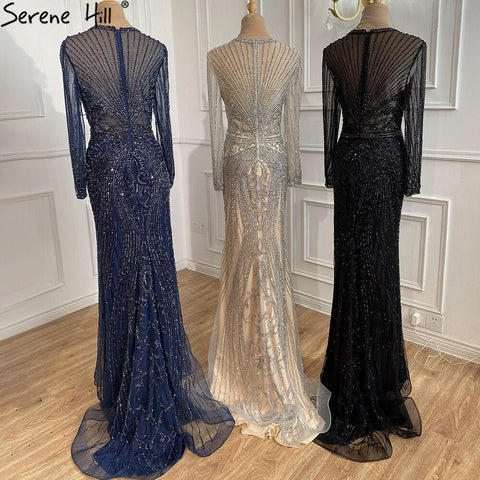 Dubai Long Sleeves Grey Luxury Evening Dresses O-Neck Full Diamond Mermaid Formal Dress 2025 Plus Size LA70116