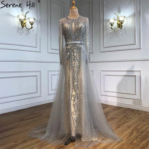 Dubai Long Sleeves Grey Luxury Evening Dresses O-Neck Full Diamond Mermaid Formal Dress 2025 Plus Size LA70116