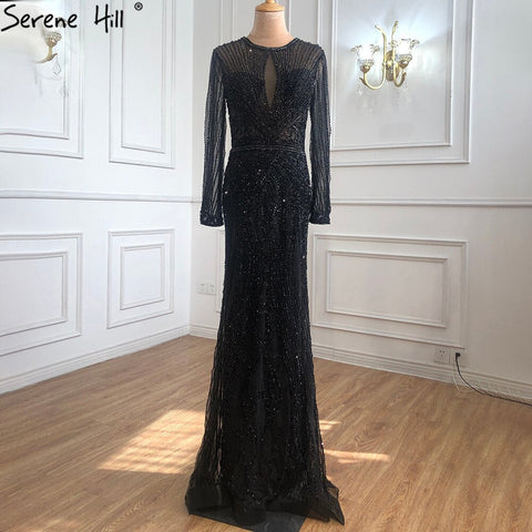 Dubai Long Sleeves Grey Luxury Evening Dresses O-Neck Full Diamond Mermaid Formal Dress 2025 Plus Size LA70116