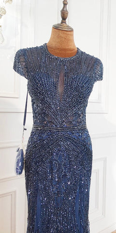 Dubai Long Sleeves Grey Luxury Evening Dresses O-Neck Full Diamond Mermaid Formal Dress 2025 Plus Size LA70116