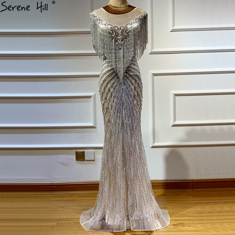 Dubai Luxury Beading Tassel Evening Dresses 2025 Latest Design Silver Mermaid Evening Gowns LA60847