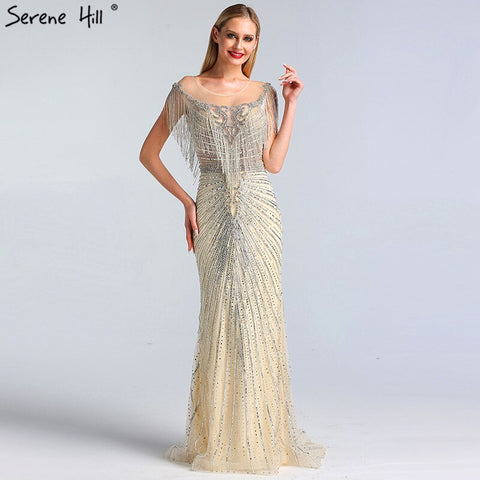 Dubai Luxury Beading Tassel Evening Dresses 2025 Latest Design Silver Mermaid Evening Gowns LA60847