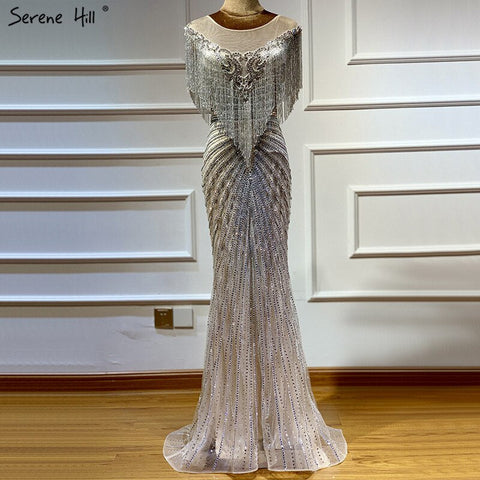 Dubai Luxury Beading Tassel Evening Dresses 2025 Latest Design Silver Mermaid Evening Gowns LA60847