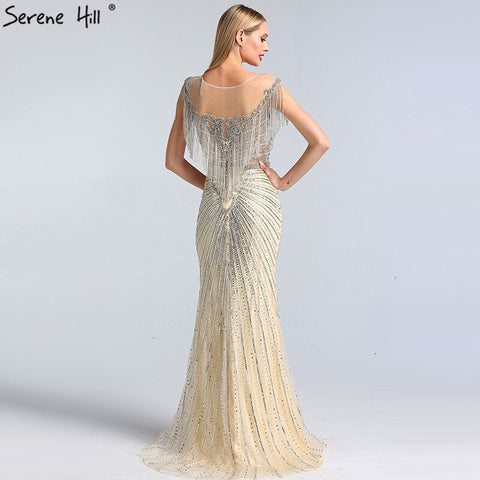 Dubai Luxury Beading Tassel Evening Dresses 2025 Latest Design Silver Mermaid Evening Gowns LA60847