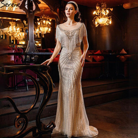 Dubai Luxury Beading Tassel Evening Dresses 2025 Latest Design Silver Mermaid Evening Gowns LA60847