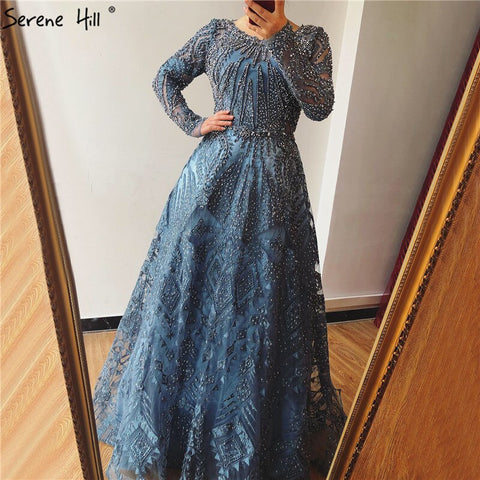 dubai Luxury Designer Navy Blue Lace Beaded  A line Muslim  Long Evening Dresses 2025 Formal Dress Plus Size LA60900