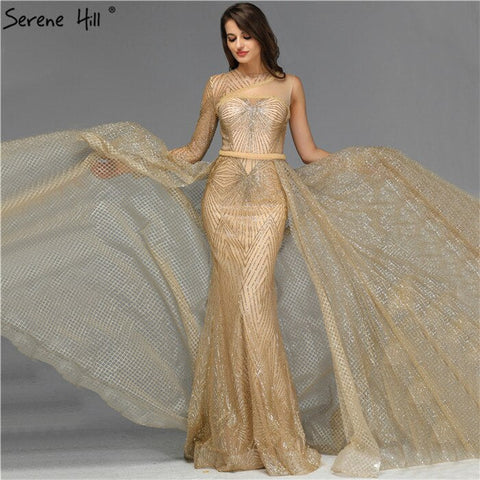 On Sale no return no refundSale Dubai Luxury Gold One Shoulder Evening Dresses 2025 Mermaid Sexy Glitter Evening Gowns Design LA70044