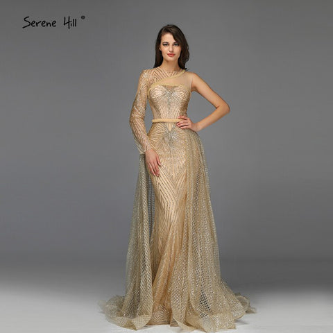 On Sale no return no refundSale Dubai Luxury Gold One Shoulder Evening Dresses 2025 Mermaid Sexy Glitter Evening Gowns Design LA70044