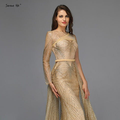 On Sale no return no refundSale Dubai Luxury Gold One Shoulder Evening Dresses 2025 Mermaid Sexy Glitter Evening Gowns Design LA70044
