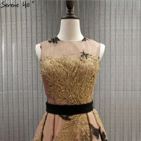 On Sale no return no refundSale Dubai Luxury Gold Sequined A-Line Evening Dresses O-Neck Sleeveless Sexy Formal Dress 2025 LA70001