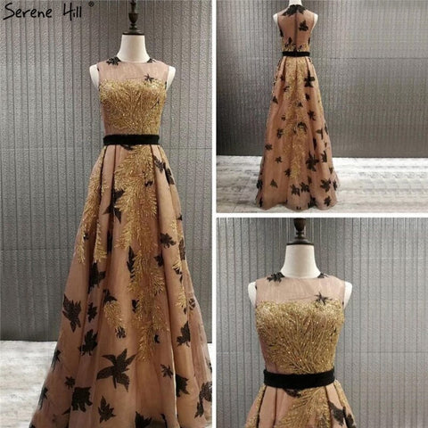 On Sale no return no refundSale Dubai Luxury Gold Sequined A-Line Evening Dresses O-Neck Sleeveless Sexy Formal Dress 2025 LA70001