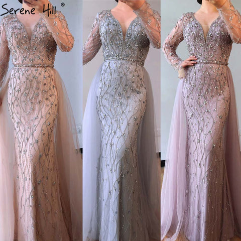 Dubai Luxury Grey With DetachableTrain Evening Dresses 2025 Long Diamond Mermaid Beading Formal Dress LA70341