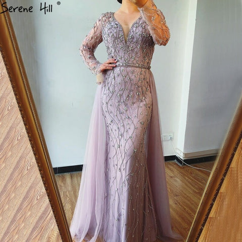 Dubai Luxury Grey With DetachableTrain Evening Dresses 2025 Long Diamond Mermaid Beading Formal Dress LA70341
