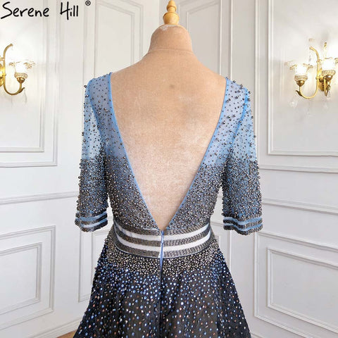 On Sale no return no refundSale Dubai Luxury Half Sleeves A-Line Evening Dresses Black Backless Tulle Sexy Evening Gowns 2025 LA60808