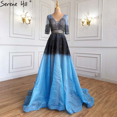On Sale no return no refundSale Dubai Luxury Half Sleeves A-Line Evening Dresses Black Backless Tulle Sexy Evening Gowns 2025 LA60808