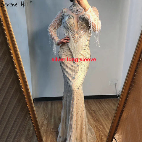 Dubai Luxury High-end  Evening Dresses 2025 Champagne Grey Beaded Tassel Formal LA60811