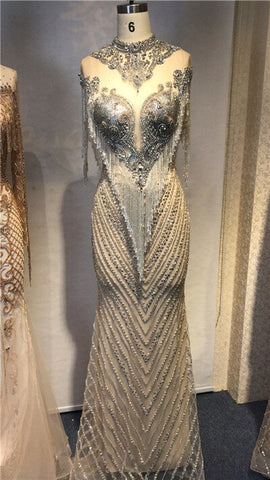 Dubai Luxury High-end Sexy Evening Dresses 2025 Champagne Grey Beading Tassel Formal Dress LA60811
