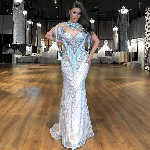 Dubai Luxury High-end Sexy Evening Dresses 2025 Champagne Grey Beading Tassel Formal Dress LA60811