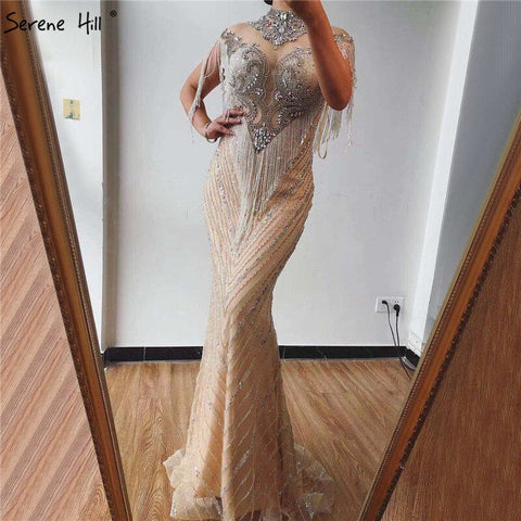 Dubai Luxury High-end Sexy Evening Dresses 2025 Champagne Grey Beading Tassel Formal Dress LA60811