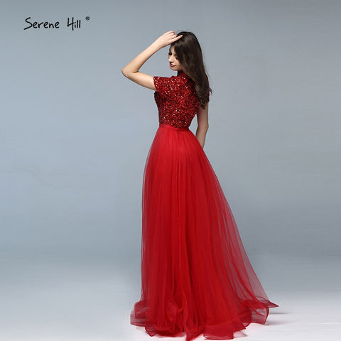 On Sale No Return No Refund Dubai Luxury Latest Design Red Evening Dresses 2025 Crystal Short Sleeves Evening Gowns LA60793