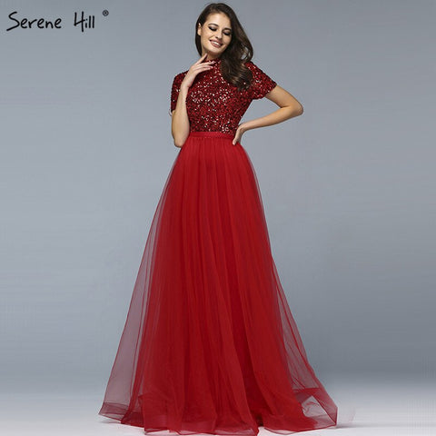 On Sale No Return No Refund Dubai Luxury Latest Design Red Evening Dresses 2025 Crystal Short Sleeves Evening Gowns LA60793