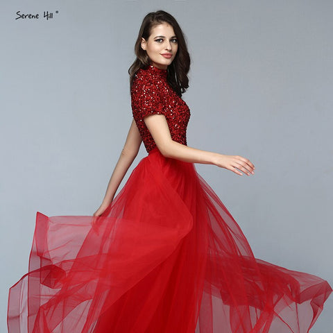 On Sale No Return No Refund Dubai Luxury Latest Design Red Evening Dresses 2025 Crystal Short Sleeves Evening Gowns LA60793