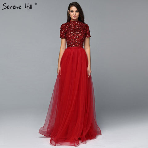 On Sale No Return No Refund Dubai Luxury Latest Design Red Evening Dresses 2025 Crystal Short Sleeves Evening Gowns LA60793