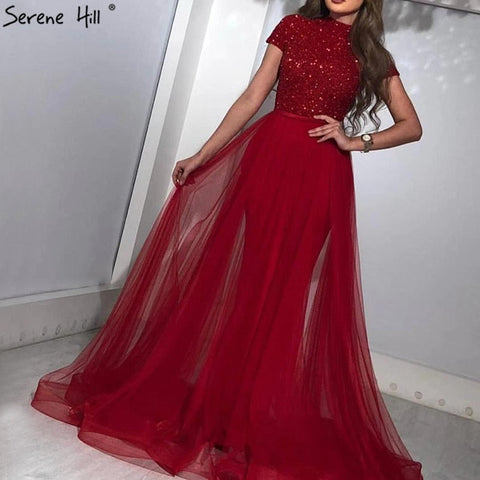 On Sale No Return No Refund Dubai Luxury Latest Design Red Evening Dresses 2025 Crystal Short Sleeves Evening Gowns LA60793