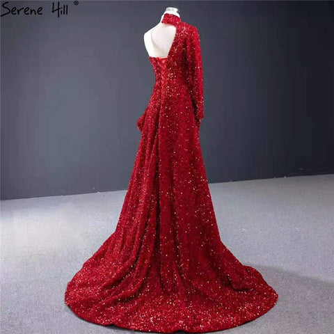 Dubai Luxury One Shoulder Red Evening Dresses 2025 Sequined Sparkle Mermaid Sexy Fromal Dress HM67056