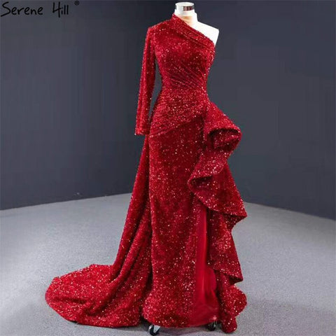 Dubai Luxury One Shoulder Red Evening Dresses 2025 Sequined Sparkle Mermaid Sexy Fromal Dress HM67056