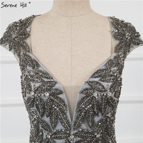 Dubai Luxury V-Neck Silver Sexy Evening Dresses 2025 Long Sleeves Beading Tassel Formal Dress LA70061