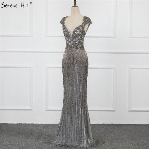 Dubai Luxury V-Neck Silver Sexy Evening Dresses 2025 Long Sleeves Beading Tassel Formal Dress LA70061