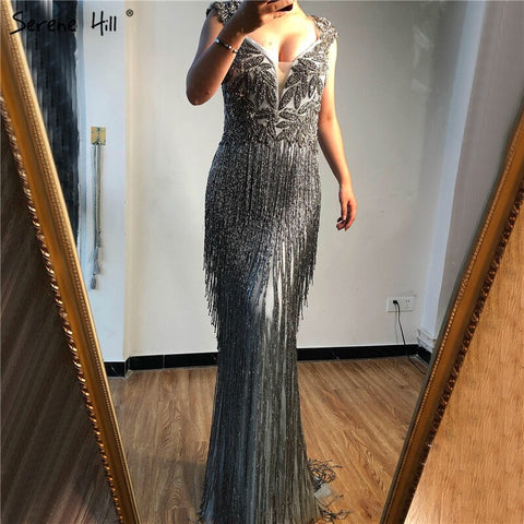 Dubai Luxury V-Neck Silver Sexy Evening Dresses 2025 Long Sleeves Beading Tassel Formal Dress LA70061