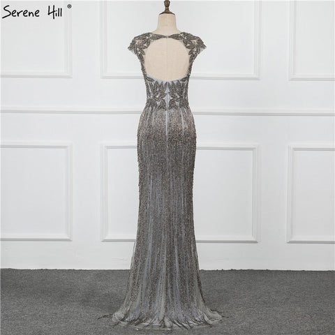 Dubai Luxury V-Neck Silver Sexy Evening Dresses 2025 Long Sleeves Beading Tassel Formal Dress LA70061