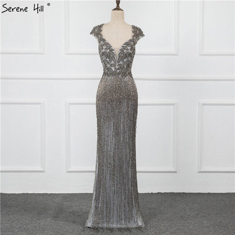 Dubai Luxury V-Neck Silver Sexy Evening Dresses 2025 Long Sleeves Beading Tassel Formal Dress LA70061