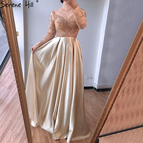 Dubai Mulim Gold A-line Long Satin  Crystal Beading Evening Dresses 2025 Gowns For Woman  Formal Dress LA70550