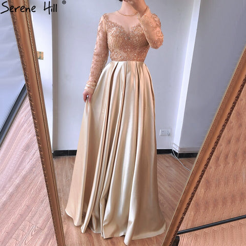 Dubai Mulim Gold A-line Long Satin  Crystal Beading Evening Dresses 2025 Gowns For Woman  Formal Dress LA70550