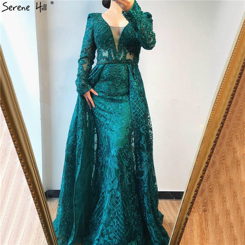 Dubai  Muslim Blue Luxury Long elegant Evening Dresses 2025 Crystal Mermaid Evening Gowns Plus Size LA70159